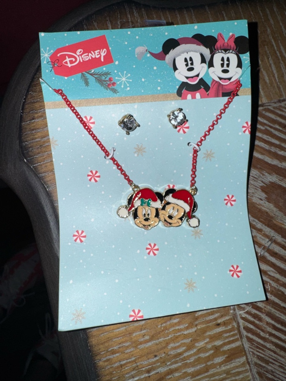 Disney Red Enamel Mickey & Minnie Holiday Necklace with Rhinestone Studs